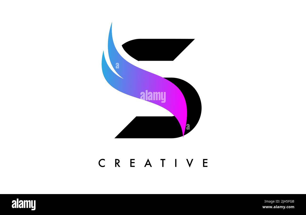 Letter S Logo Icon Design mit violettem Swoosh und Creative Cut Curved Shape Vektorgrafik. Stock Vektor
