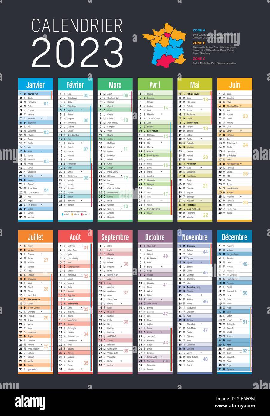 Jahr 2023 farbenfroher Kalender, in französischer Sprache, auf dunkelgrauem Hintergrund. Vektorvorlage Stock Vektor