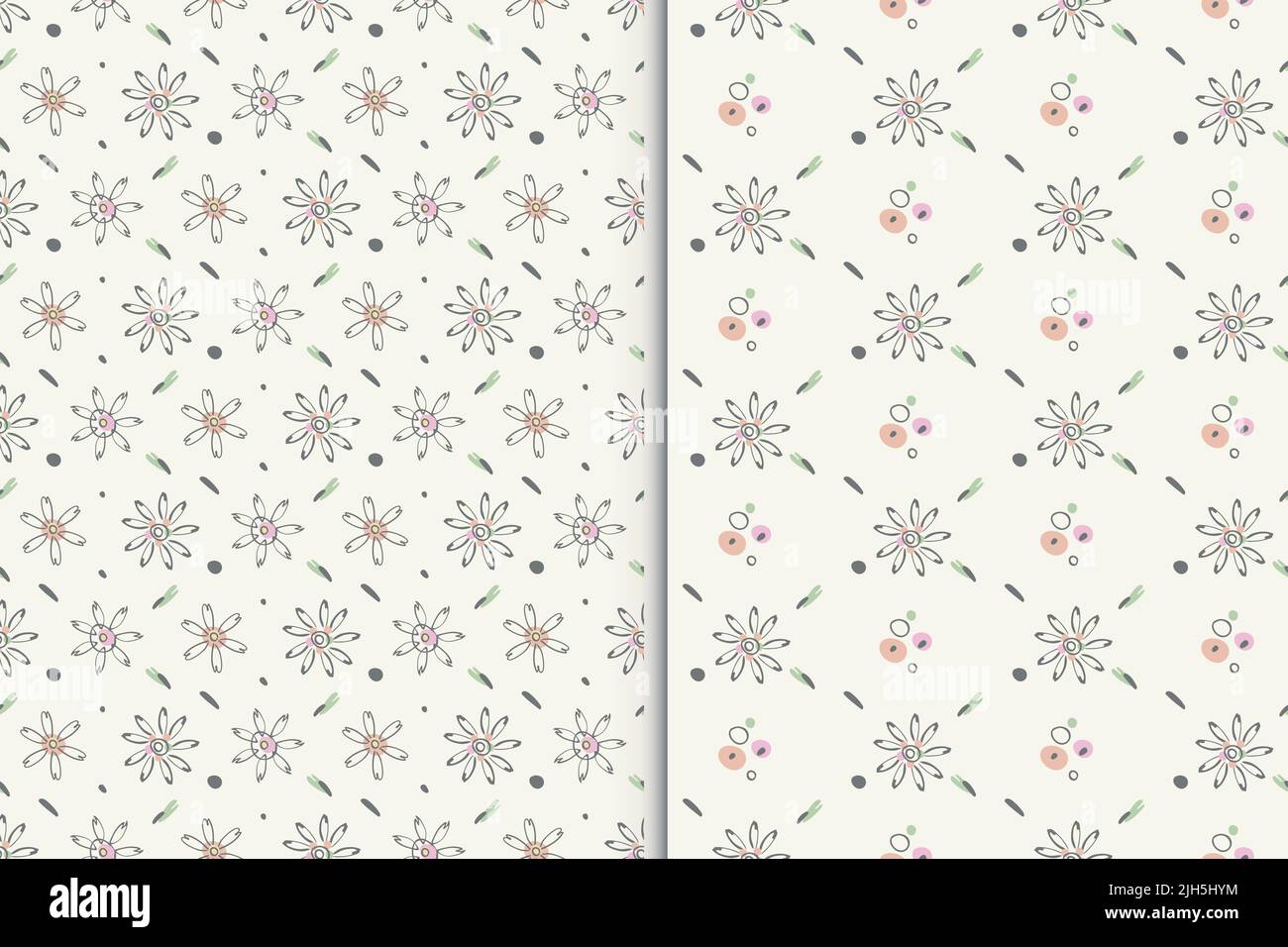 Florale Baby nahtlose Muster, Set mit 2. Handgezeichnete Doodle-Blumen, Blatt, Punkt, Linien. Diagonales geometrisches Raster. Zarte Pastellfarben Stock Vektor