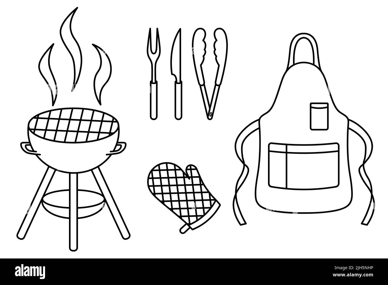 Ein Satz von Werkzeugen und Overalls zum Kochen Grill. Skizze. Vektorgrafik. Farbgebung. Umriss auf isoliertem Hintergrund. Doodle-Stil. Stock Vektor