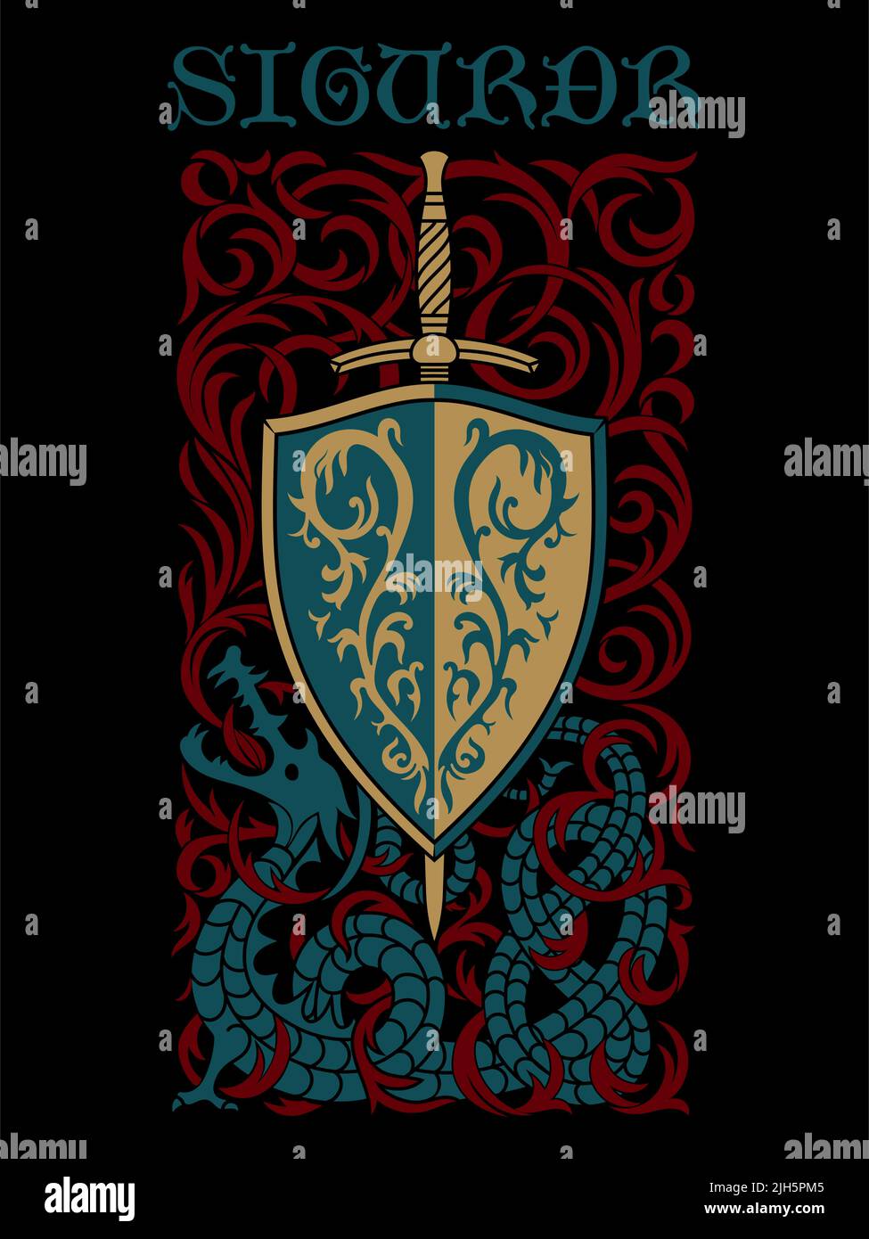 Design im altnordischen Stil. Drache spuckt Feuer. Ritter Schild und Schwert, isoliert auf schwarz, Vektor-Illustration Stock Vektor