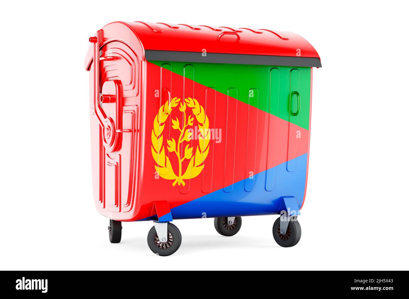 Müllcontainer mit eritreischer Flagge, 3D, isoliert auf weißem Hintergrund Stockfoto