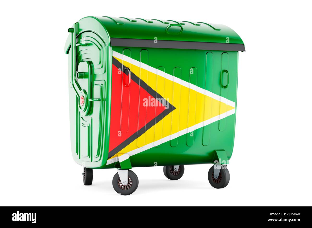 Müllcontainer mit guyanesischer Flagge, 3D, isoliert auf weißem Hintergrund Stockfoto