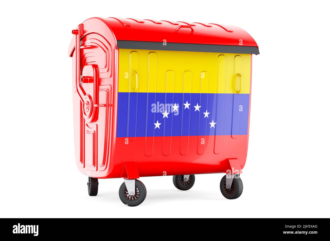 Müllcontainer mit venezolanischer Flagge, 3D Rendering isoliert auf weißem Hintergrund Stockfoto