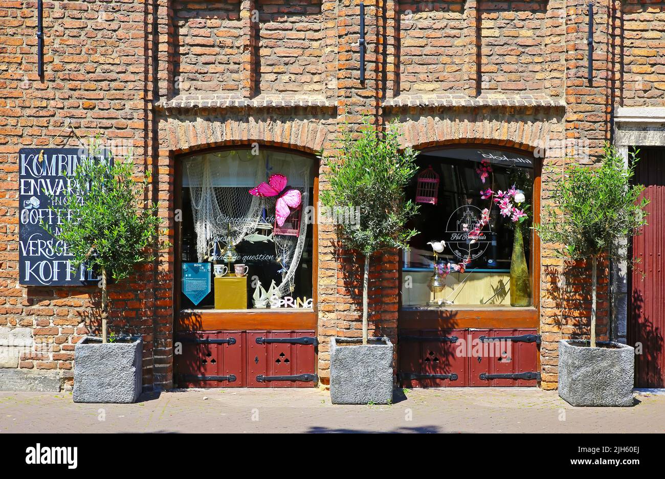 Venlo (Romerhuis), Niederlande - Juli 9. 2022: Schne Straencafe alte  Backsteinfassade, Schaufenster, Olivenbume Stockfotografie - Alamy