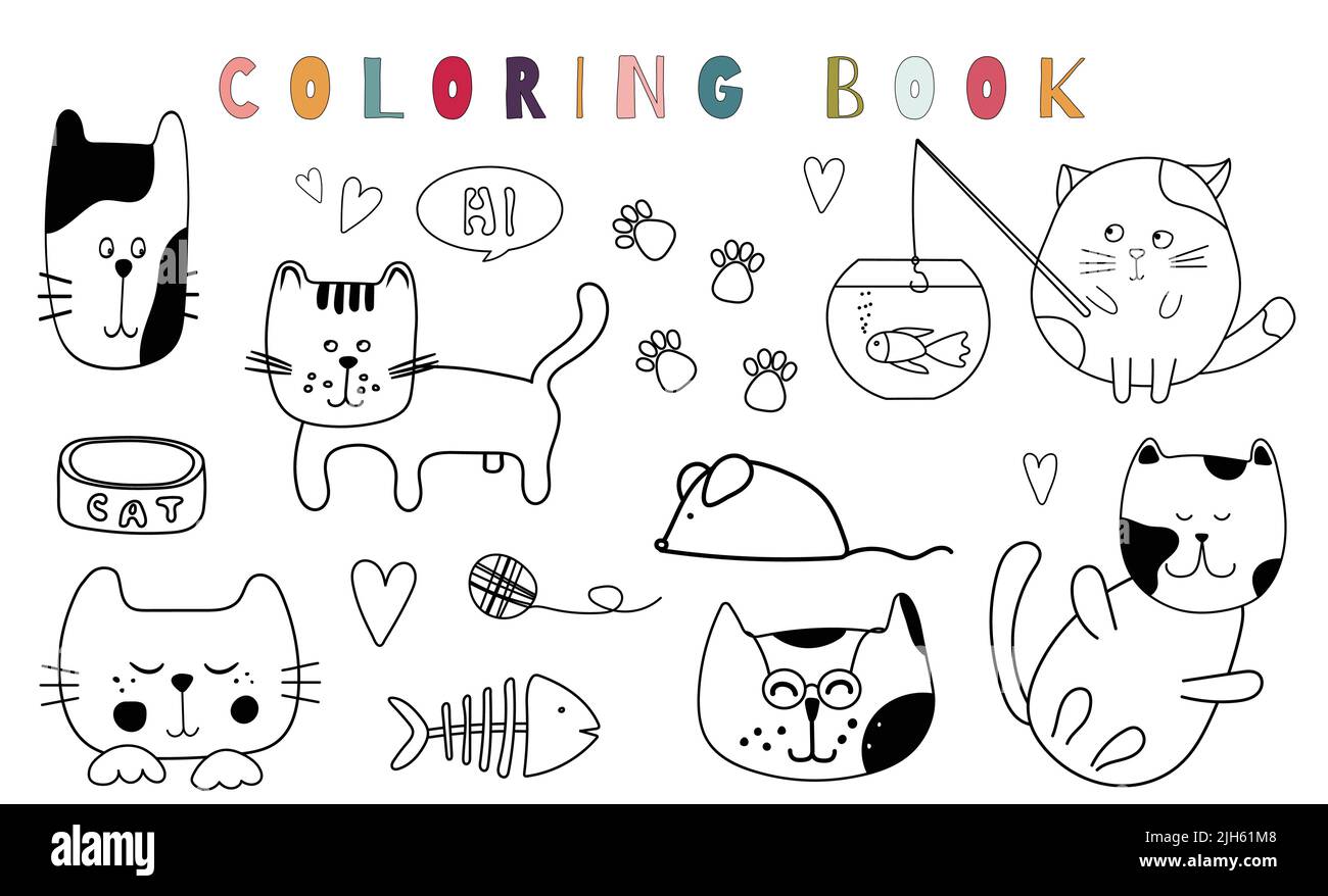 Cute Kitty Katzen Cartoon-Design-Set zum Ausmalen für Kinder. Sammlung von Katzentieren Kätzchen Zeichnungen Stock Vektor