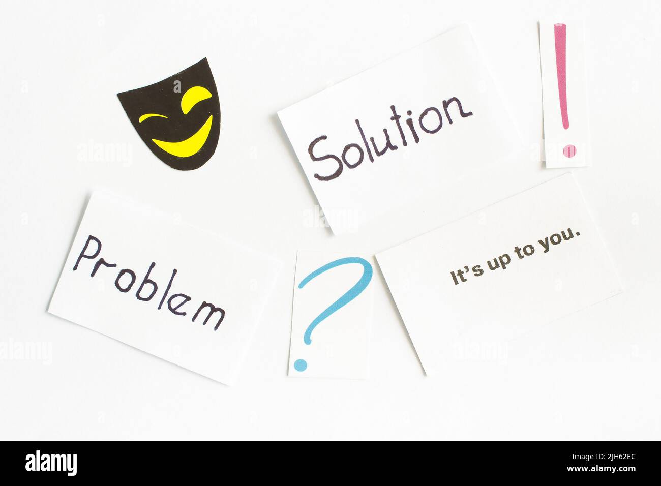 Das Wort „Problem“, „Lösung“, Fragezeichen, Ausrufezeichen. Weißer Hintergrund Stockfoto
