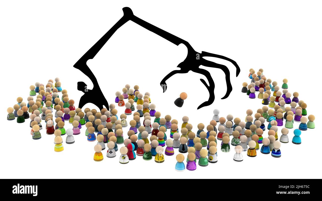 Menge von kleinen symbolischen Figuren, riesiger Schatten über der Auswahl einer ausgewählten, 3D Abbildung, horizontaler Hintergrund, über weiß, isoliert Stockfoto