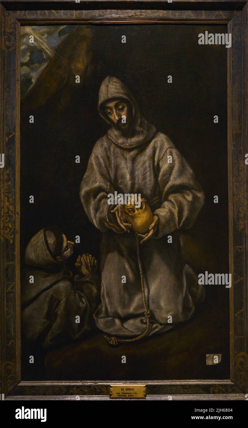 El Greco und Workshop (1541-1614). Franziskus von Assisi und Bruder Leo meditieren über den Tod, 1600-1614. Öl auf Leinwand (160,5 x 103 cm). El Greco Museum. Toledo, Spanien. Stockfoto
