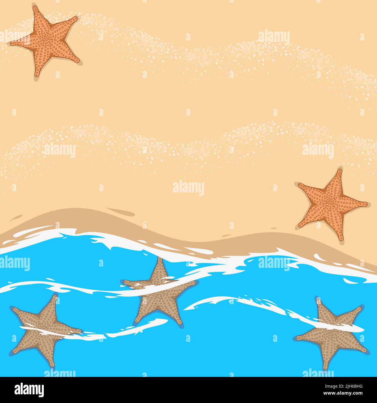 Illustration mit Meer, Wellen, Seesternen und Platz für Text. Meeresvektorhintergrund. Stock Vektor