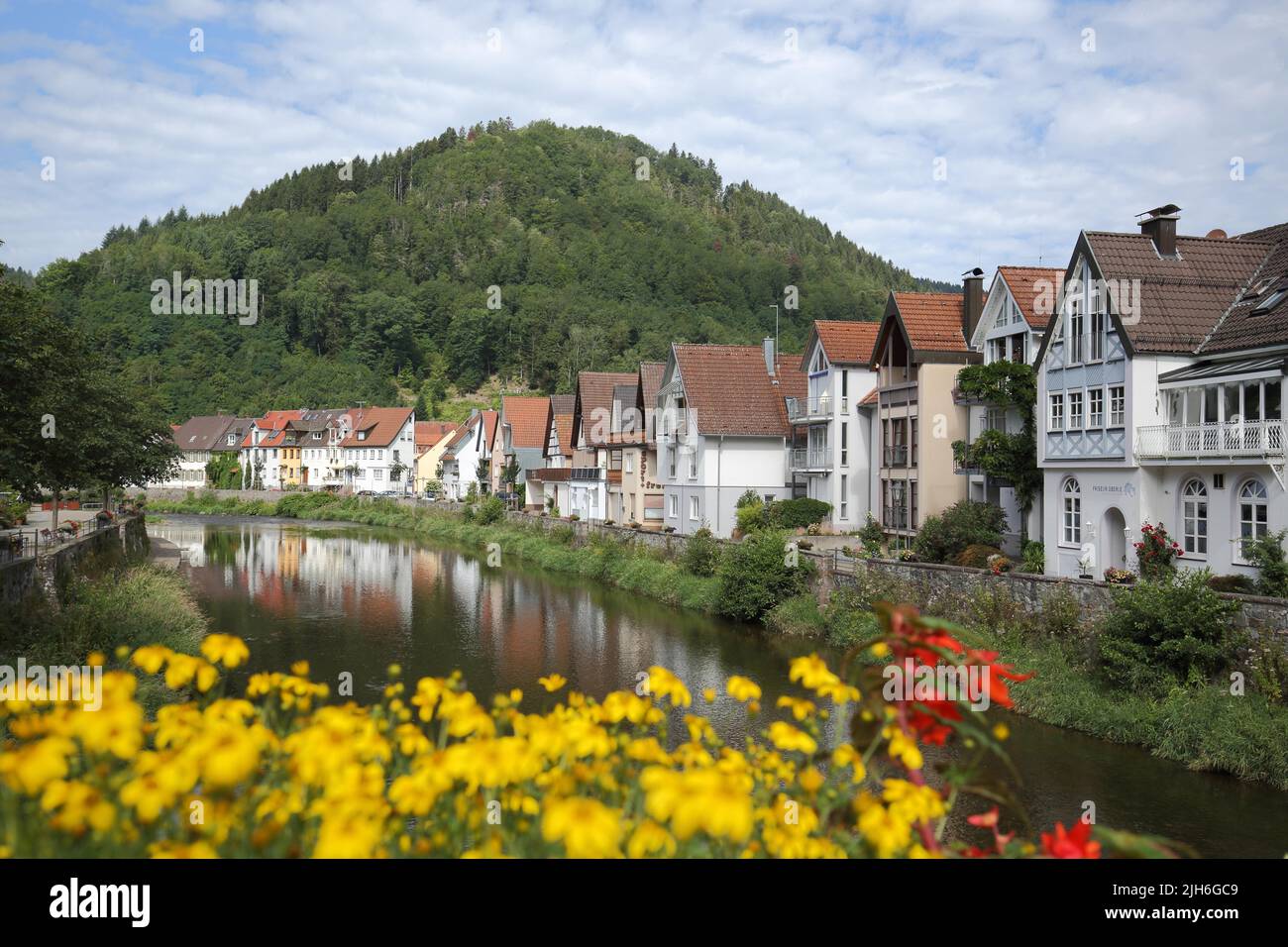 Ansicht von Häusern mit Kinzig in Wolfach, Ortenau, Südschwarzwald, Schwarzwald, Baden-Württemberg, Deutschland Stockfoto