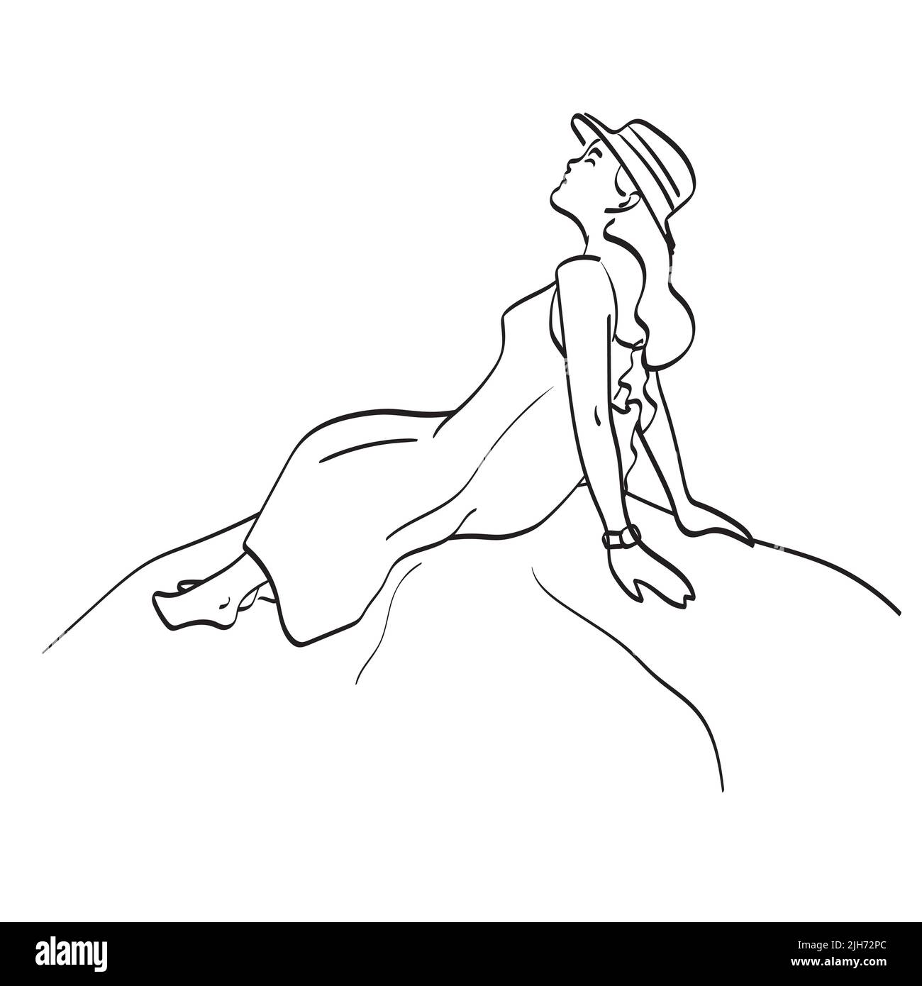 Linie Kunst voller Länge der Frau mit Hut auf dem Felsen sitzend Illustration Vektor Hand gezeichnet isoliert auf weißem Hintergrund Stock Vektor
