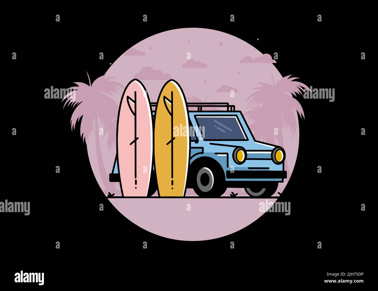 Illustration Design eines kleinen Autos und zwei Surfbretter Stock Vektor