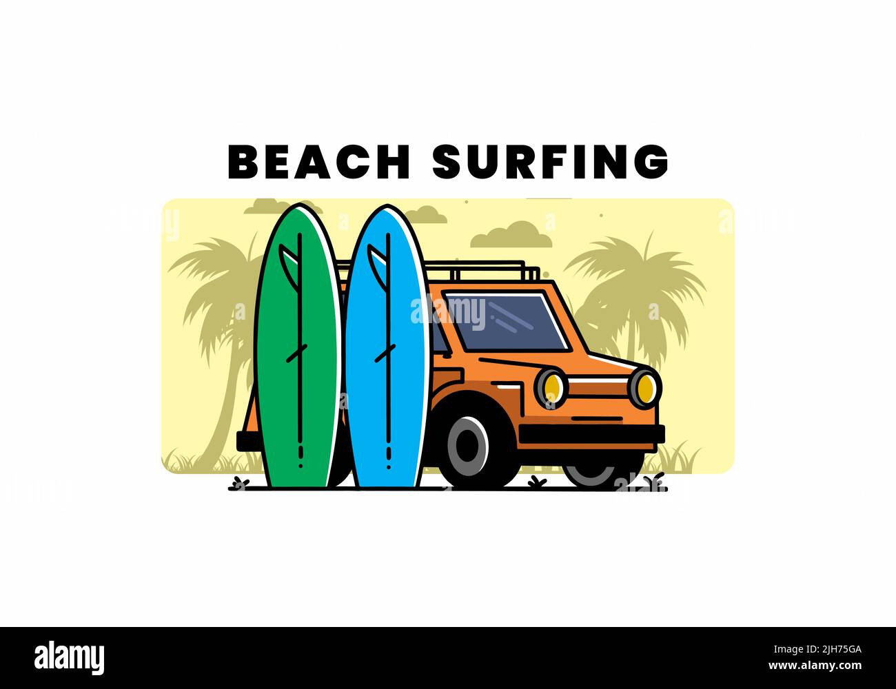 Illustration Design eines kleinen Autos und zwei Surfbretter Stock Vektor