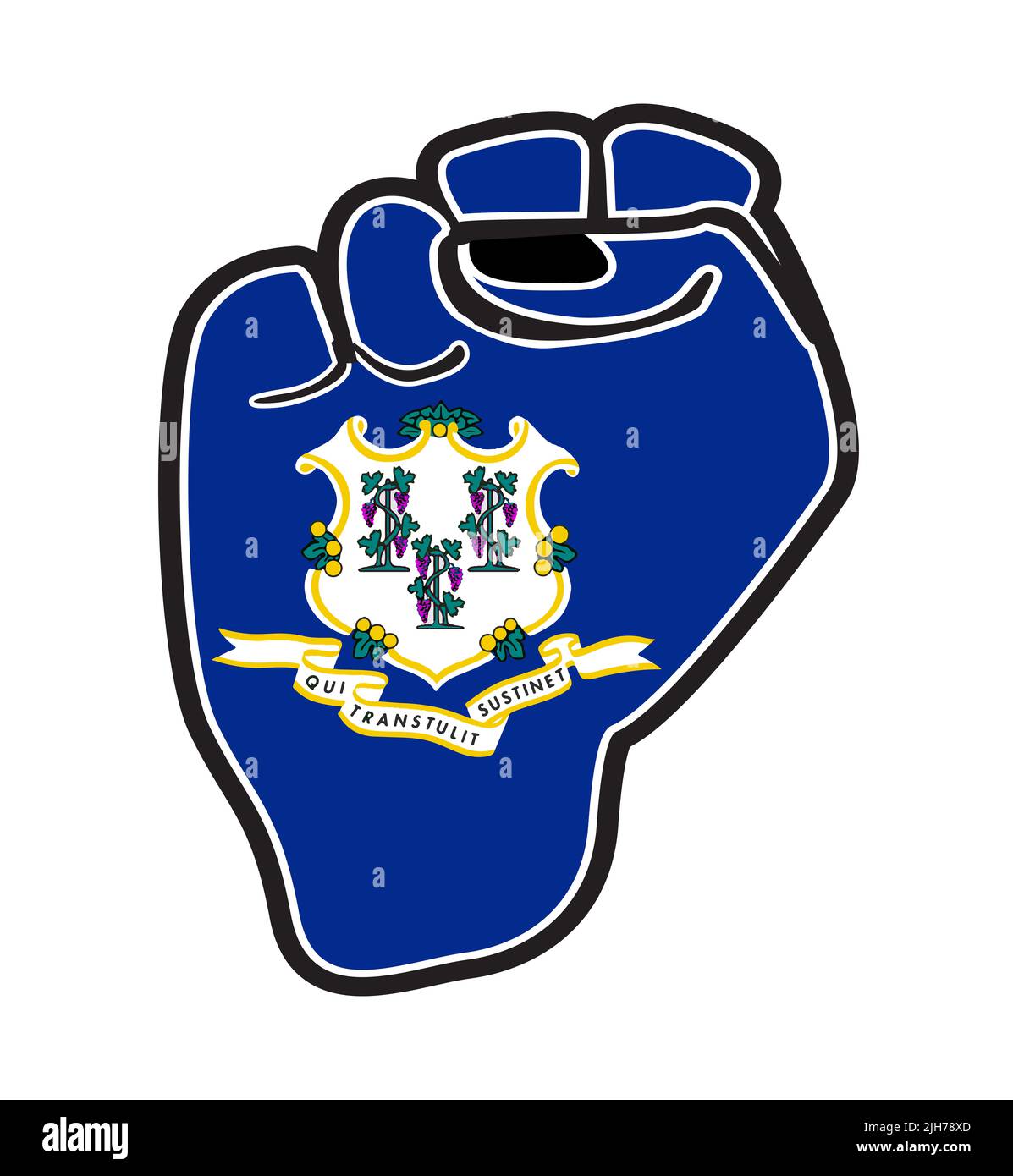 Eine schwarze Umrisskraft Faust über die Connecticut State Flag Symbole isoliert auf einem weißen Hintergrund Stockfoto