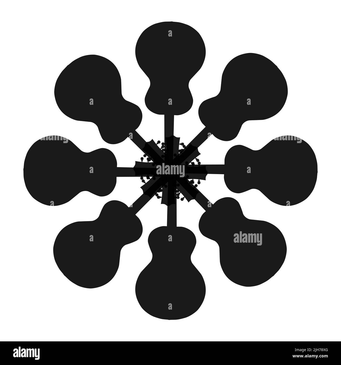 Ein Satz von acht Gitarren auf weißem Hintergrund Stockfoto