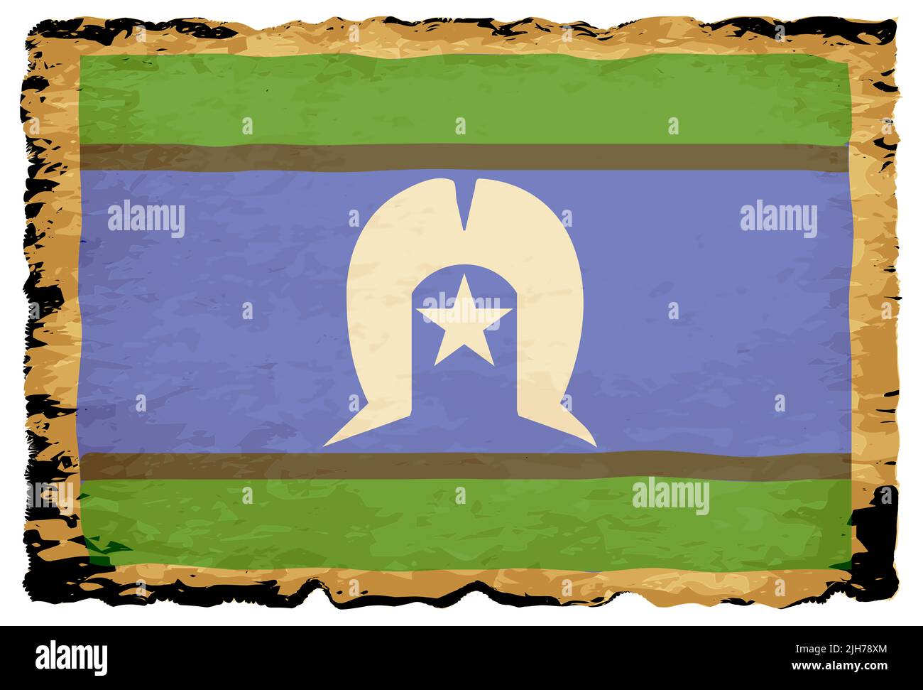 Die Flagge der Torres Straits Islanders ist auf einem Pergamenthintergrund mit Brauntönen und Schwarz auf weißem Hintergrund gesetzt Stockfoto
