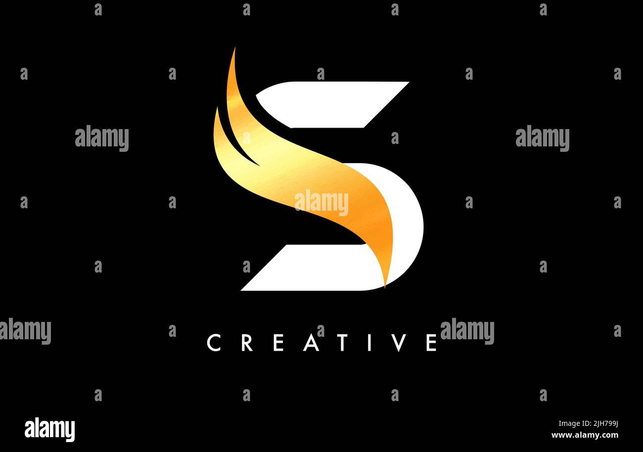 Letter S Logo Icon Design mit goldenem Swoosh und Creative Cut Curved Shape Vektorgrafik. Stock Vektor