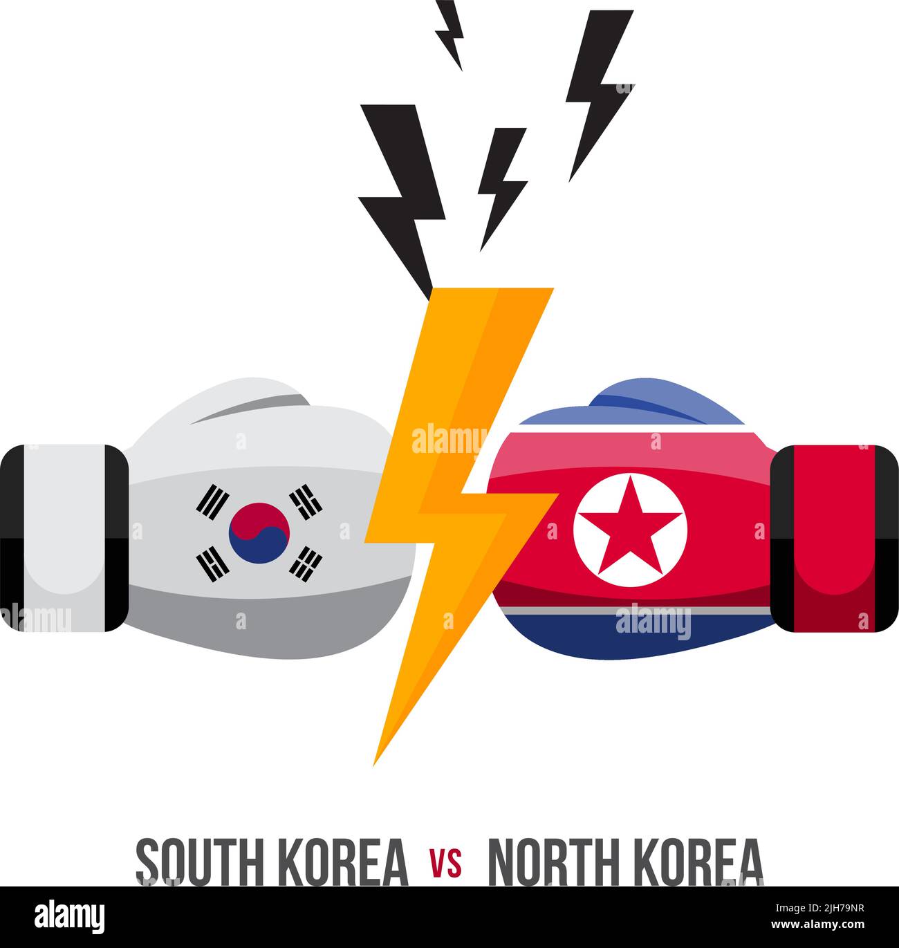 Südkorea vs. Nordkorea. Konzept von Sportmatch, Handelskrieg, Kampf oder Krieg an der Grenze zwischen Südkorea und Nordkorea. Vektorgrafik. Stock Vektor