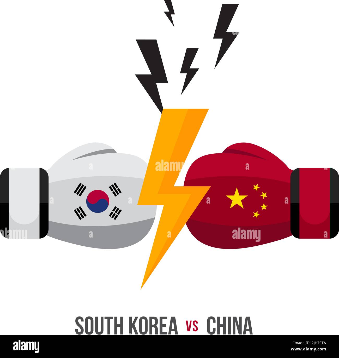 Südkorea vs. China. Konzept von Sportmatch, Handelskrieg, Kampf oder Krieg an der Grenze zwischen Südkorea und china. Vektorgrafik. Stock Vektor