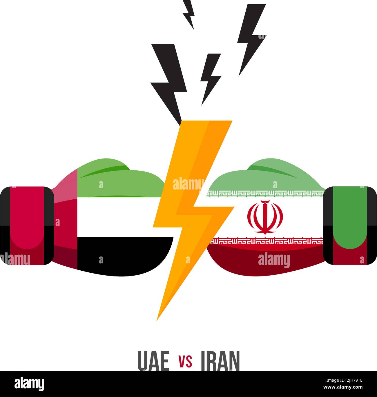 VAE vs. Iran. Konzept von Sportmatch, Handelskrieg, Kampf oder Krieg an der Grenze zwischen den vereinigten arabischen emiraten und dem iran. Vektorgrafik. Stock Vektor