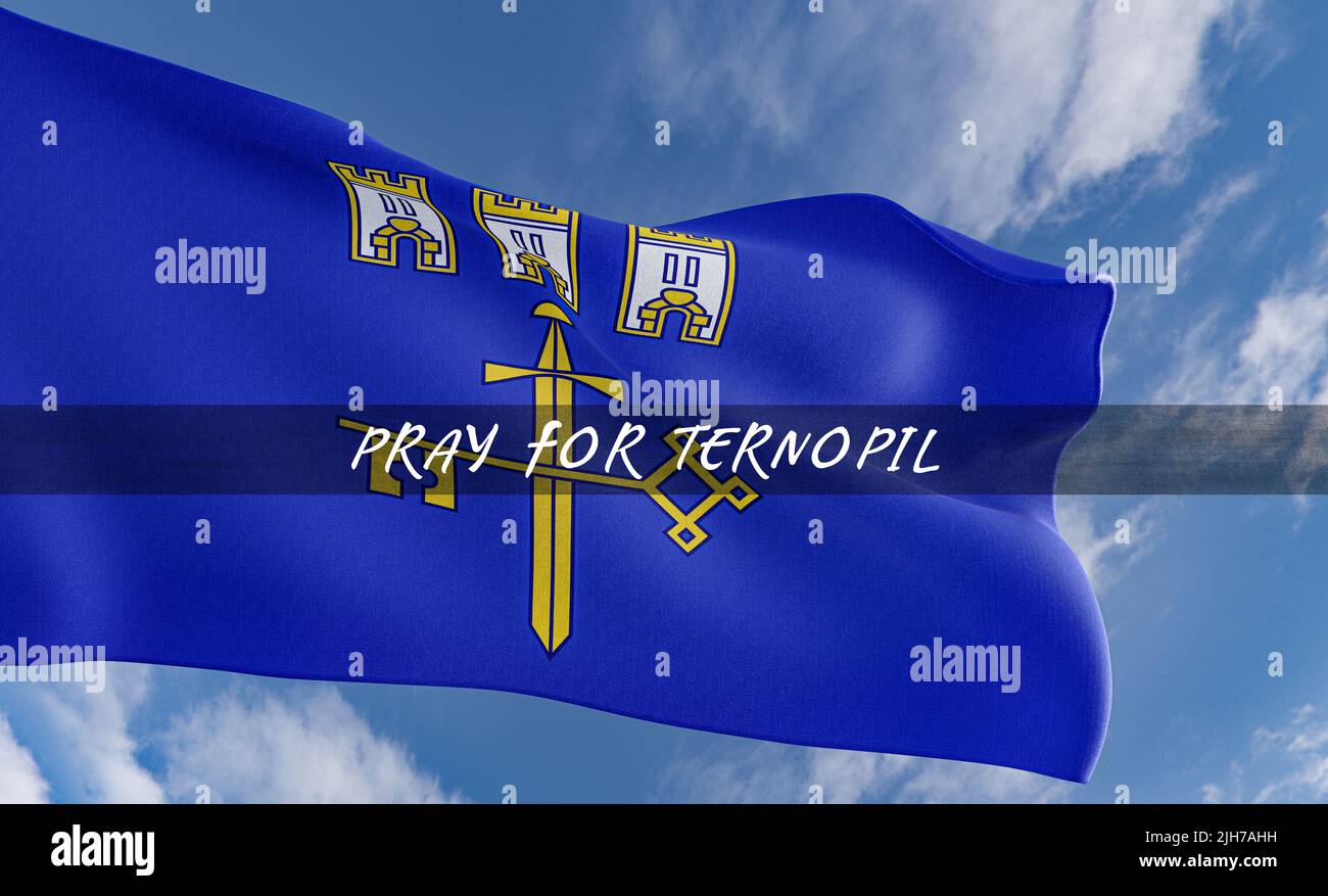 Flagge von Ternopil, Gebet für die Region Ternopil in der Ukraine, Gebet für die Ukraine, Fahne Ukraine Region und blauer Himmel Hintergrund, 3D Arbeit und 3D Illustration Stockfoto