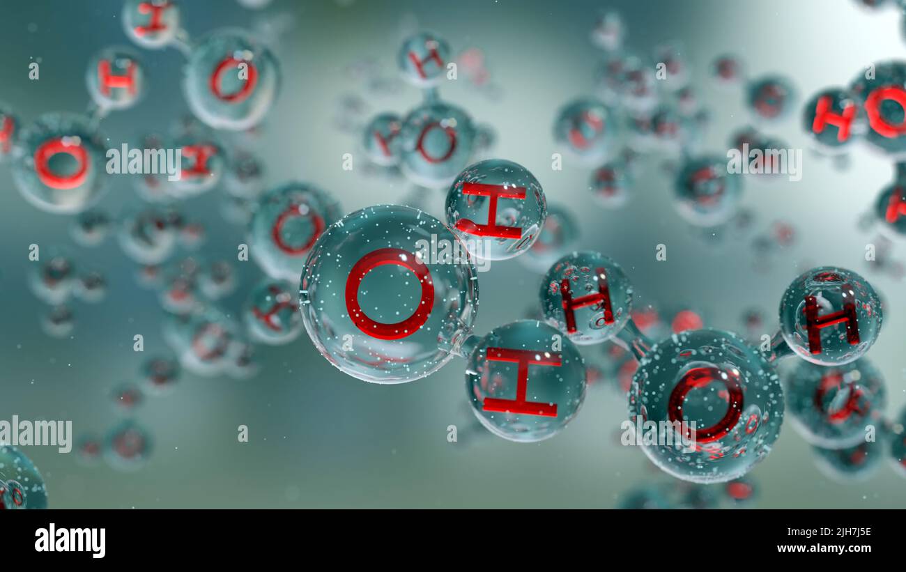 Wassermoleküle, Molekulare chemische Formel H2O, geruchlos, Ball und Stick chemisches Strukturmodell, Makroflüssigkeitsblasen, Partikel im Tröpfchen, Stockfoto