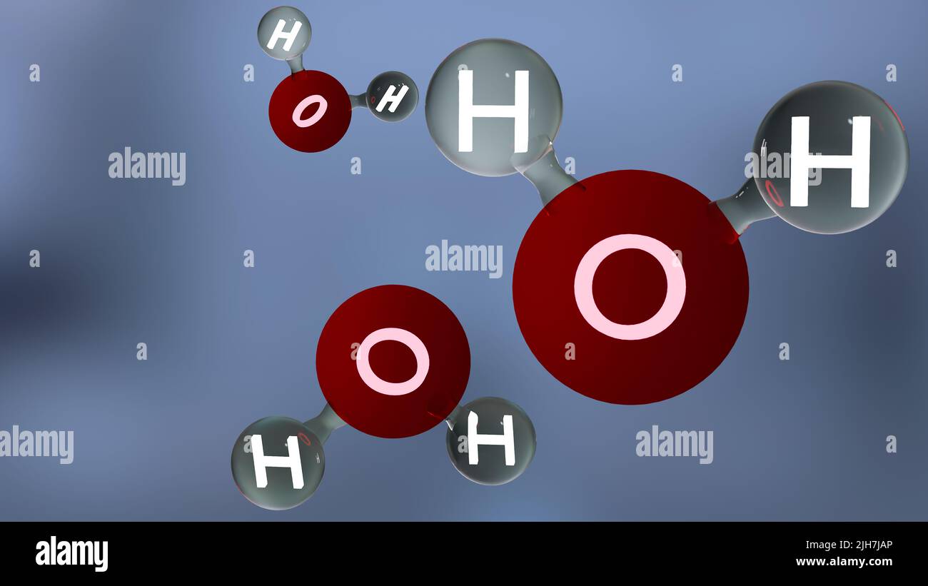 Wassermoleküle, Molekulare chemische Formel H2O, geruchlos, Ball und Stick chemisches Strukturmodell, Makroflüssigkeitsblasen, Partikel im Tröpfchen, Stockfoto