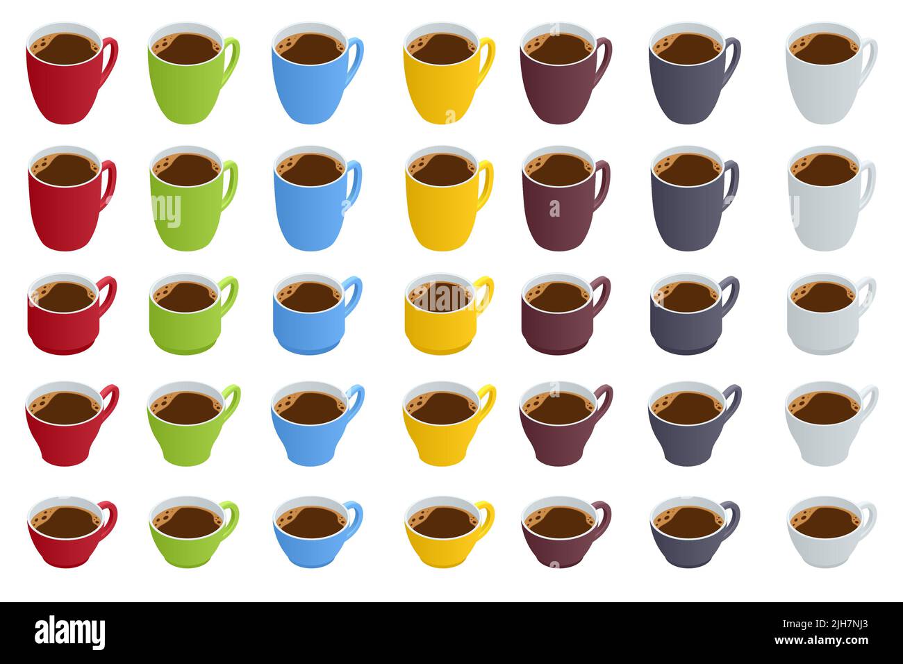 Isometrische verschiedene Arten von Tassen Kaffee oder Tee. Set für Kaffeetypen, isolierte Abbildung. Stock Vektor