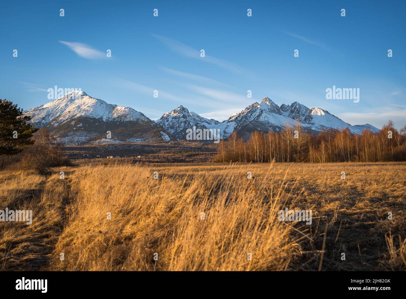 Sonniger Tag über der Hohen tatra in der slowakei an einem warmen Wintertag Stockfoto
