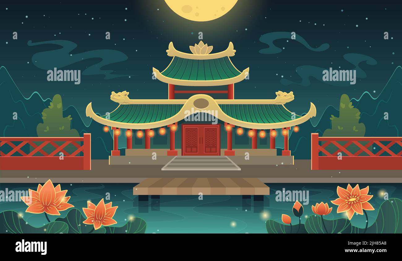 Abbildung des chinesischen Schlosses. Japanischer schintoistischer Schrein bei Nacht. Ein antikes Gebäude mit einem Teich und Bergen Stock Vektor