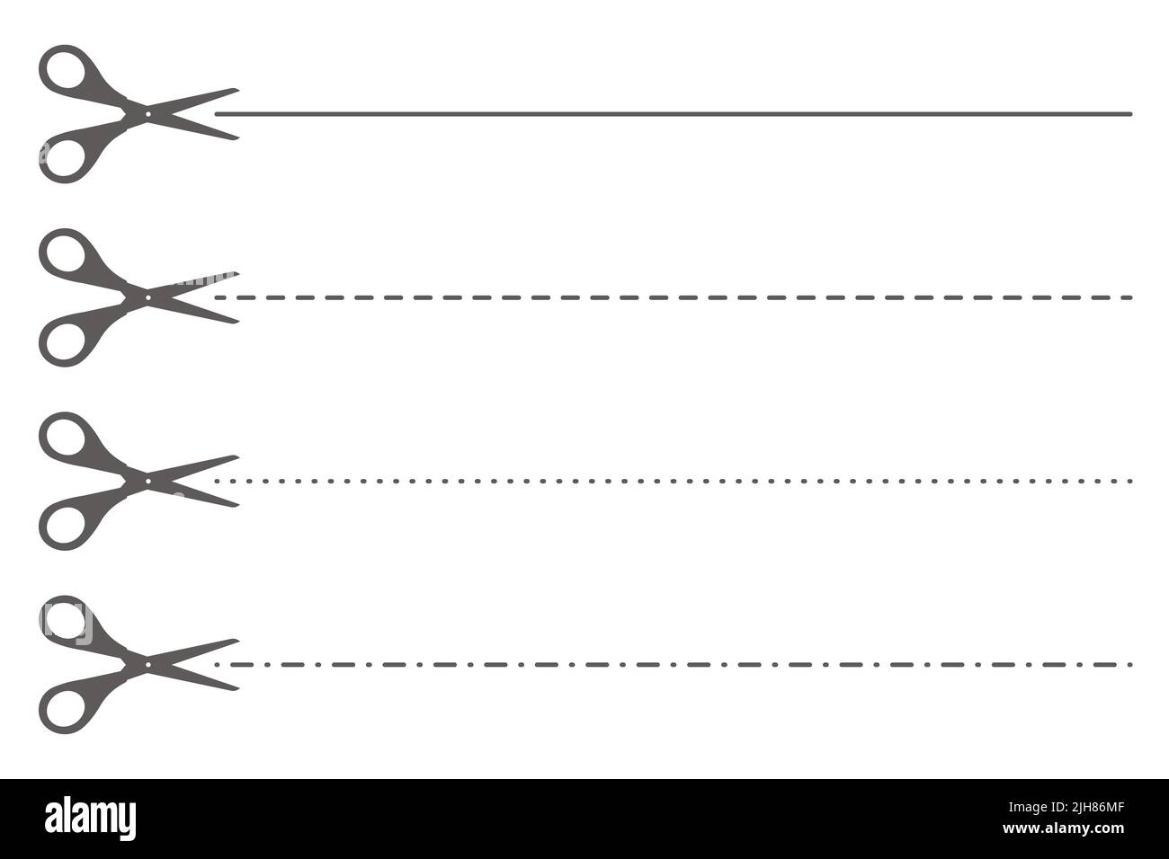 Papierschnitt-Abbildung mit gepunkteter Linie. Schere mit Randlinien. Vektorzeichen setzen Strich-Symbole Stock Vektor