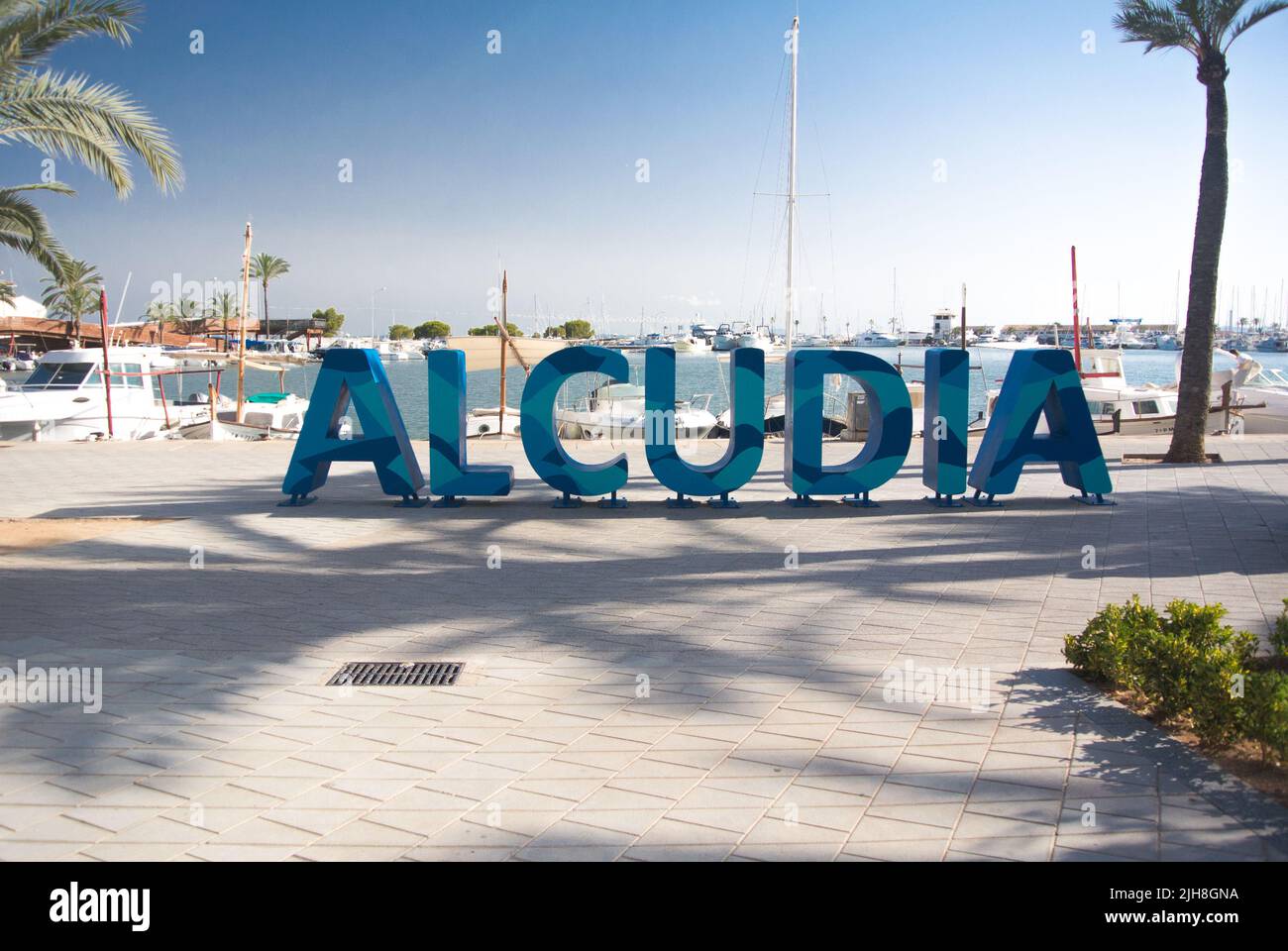 Alcudia-Schild, Puerto Alcudia, Mallorca Stockfoto