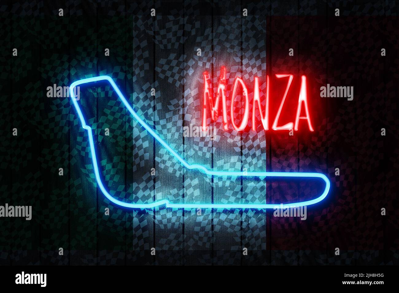 Monza-Neonschild an einer dunklen Holzwand, Illustration 3D. Stockfoto