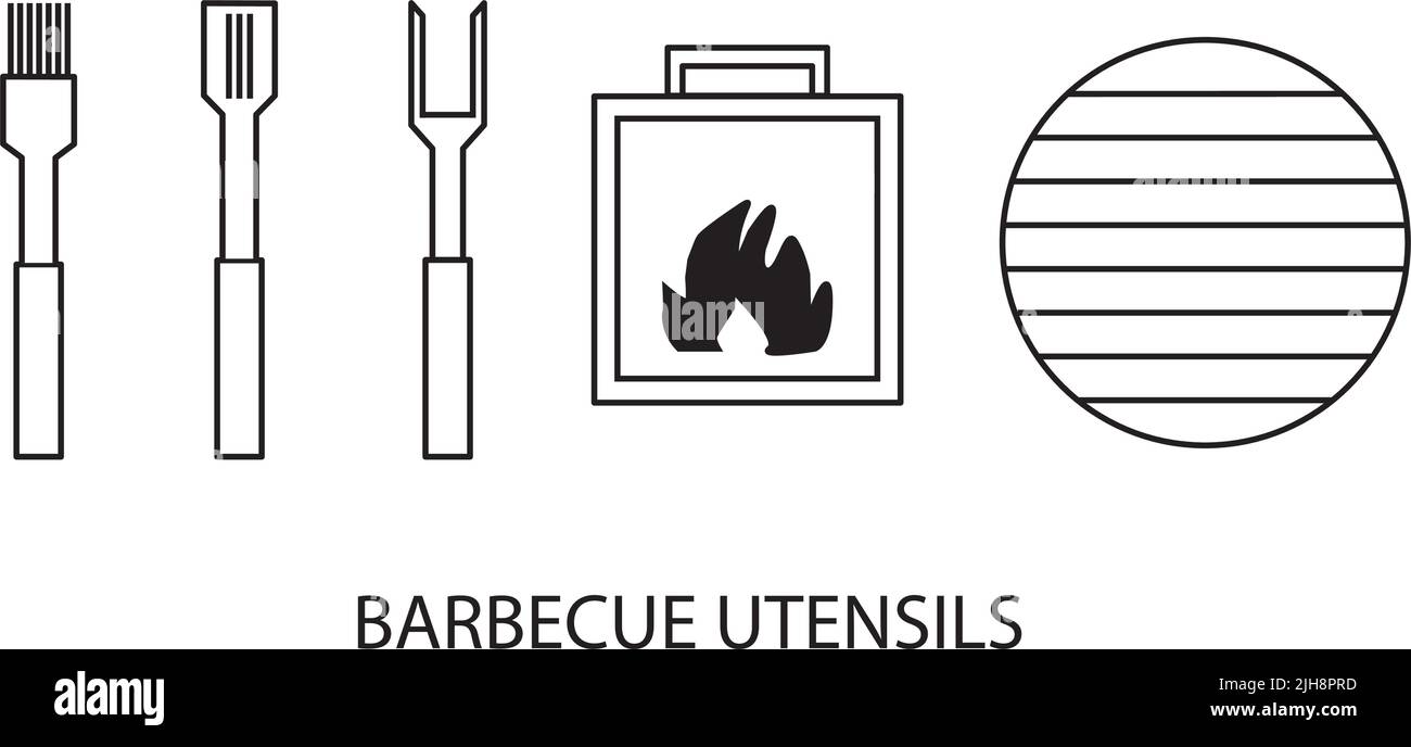 Zeichnungen von Grill- und Grillzubehör auf weißem Hintergrund Stock Vektor