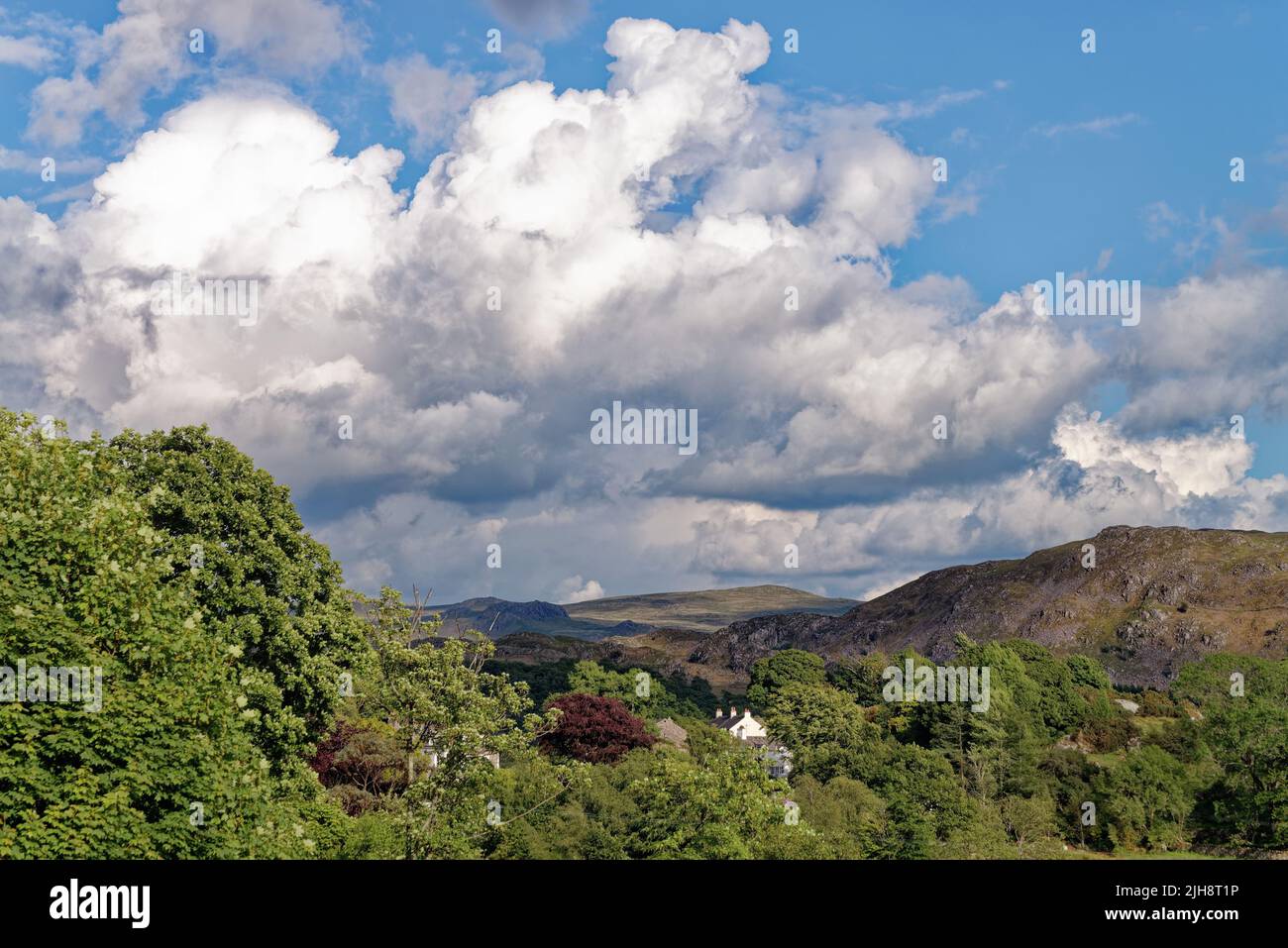 An einem sonnigen Sommertag bilden sich weiße Cumulus-Wolken über dem Eskdale-Tal mit Fjellen in der Ferne Lake District National Park Cumbria England Stockfoto
