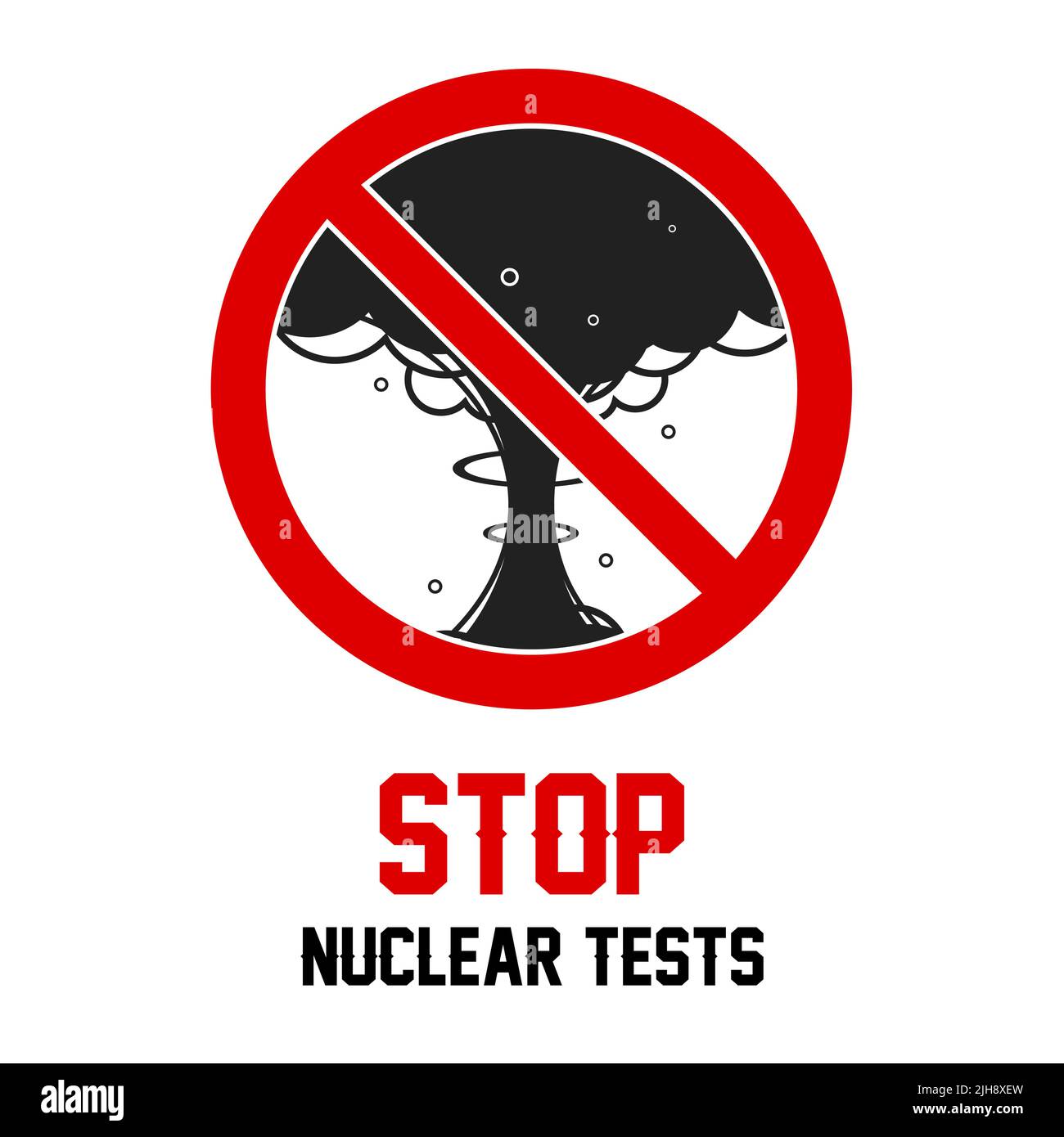 Stoppen Sie die Atomtests. Roter umgekehrter Schrägstrich umkreist kein Zeichen. Anti-Kriegs-Poster oder Banner-Vorlage. Flache Vektorgrafik isoliert auf weißem Hintergrund. Stock Vektor