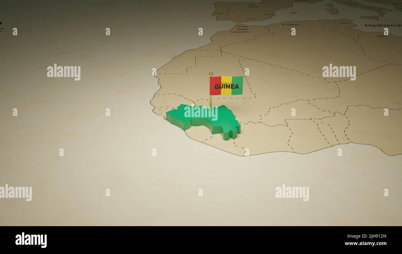 3D isometrische Landkarte von Guinea. Flagge auf der Karte. Guinea-Karte auf der Weltkarte. Tag der Unabhängigkeit von Guinea. Reise nach Guinea Stockfoto