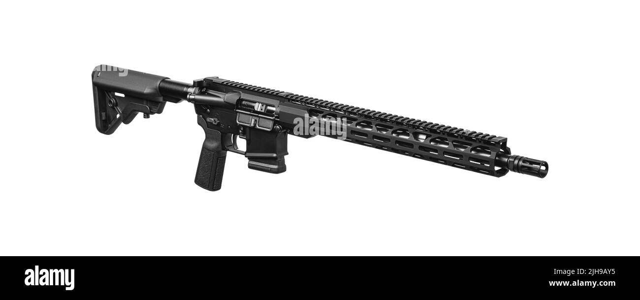 Modernes automatisches Gewehr isoliert auf weißem Hintergrund. Waffen für Polizei, Spezialeinheiten und Armee. Automatisches Karbin mit mechanischen Sehenswürdigkeiten. Assaul Stockfoto