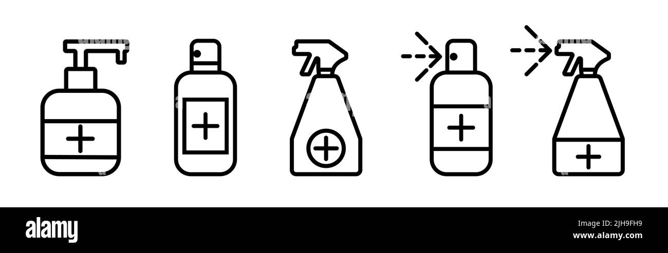 Set von antiseptischen Spray und Seifenflasche Symbole. Medic covid Virus, Handschutz, Desinfektionsmittel für die Hygiene. Schwarze Vektorgrafik auf weißem Hintergrund Stock Vektor