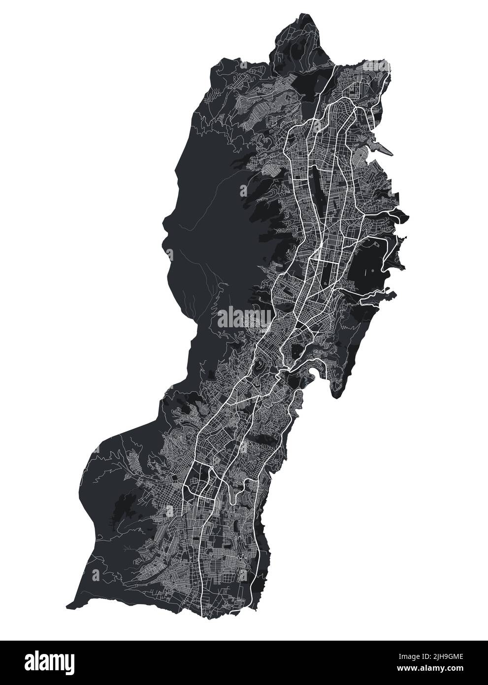 Quito-Vektorkarte. Detaillierte Vektorkarte des Verwaltungsgebiets der Stadt Quito. Blick auf das Stadtbild mit Postern und die Arie der Metropole. Schwarzes Land mit weißen Straßen, Straßen Stock Vektor