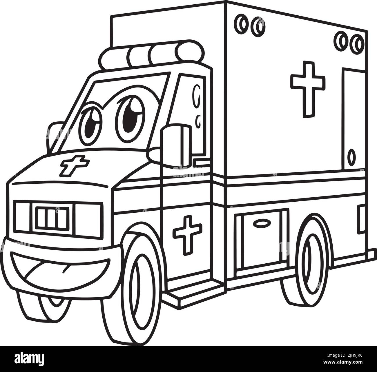 Krankenwagen mit Gesicht Fahrzeug Coloring Page für Kinder Stock Vektor