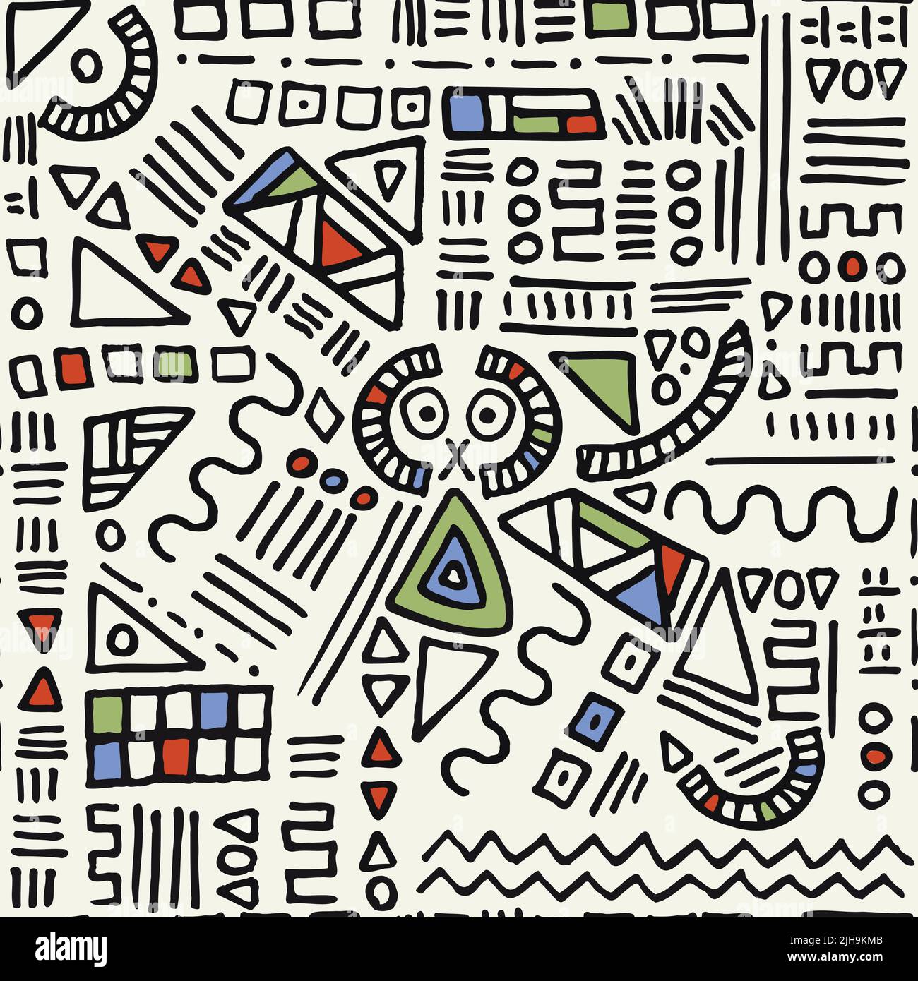 Abstraktes, handgezeichnetes Vektormuster, inspiriert von Joan Miro. Geometrische Formen, Wellen, Linien, Dreiecke, Quadrate und Kreise. Schwarz-Weiß-Zeichnen mit einem Stock Vektor