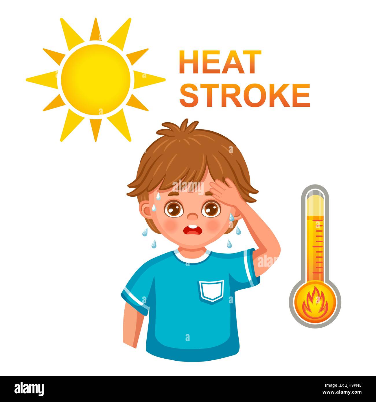 Symbol für Hitzschlag oder Sonnenschlag von der heißen Sommersonne. Müder Schweißjunge mit Hitzschlag, Kopfschmerzen, Durst, Schwindel an warmen sonnigen Tagen. Thermische Overh Stock Vektor