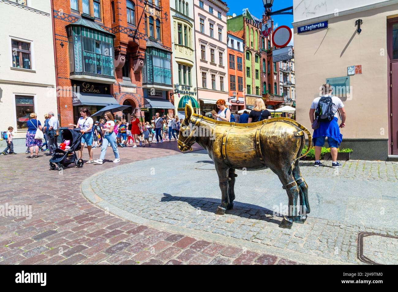 Bronzeskulptur des Esels von Torun auf dem alten Marktplatz, Torun, Polen Stockfoto
