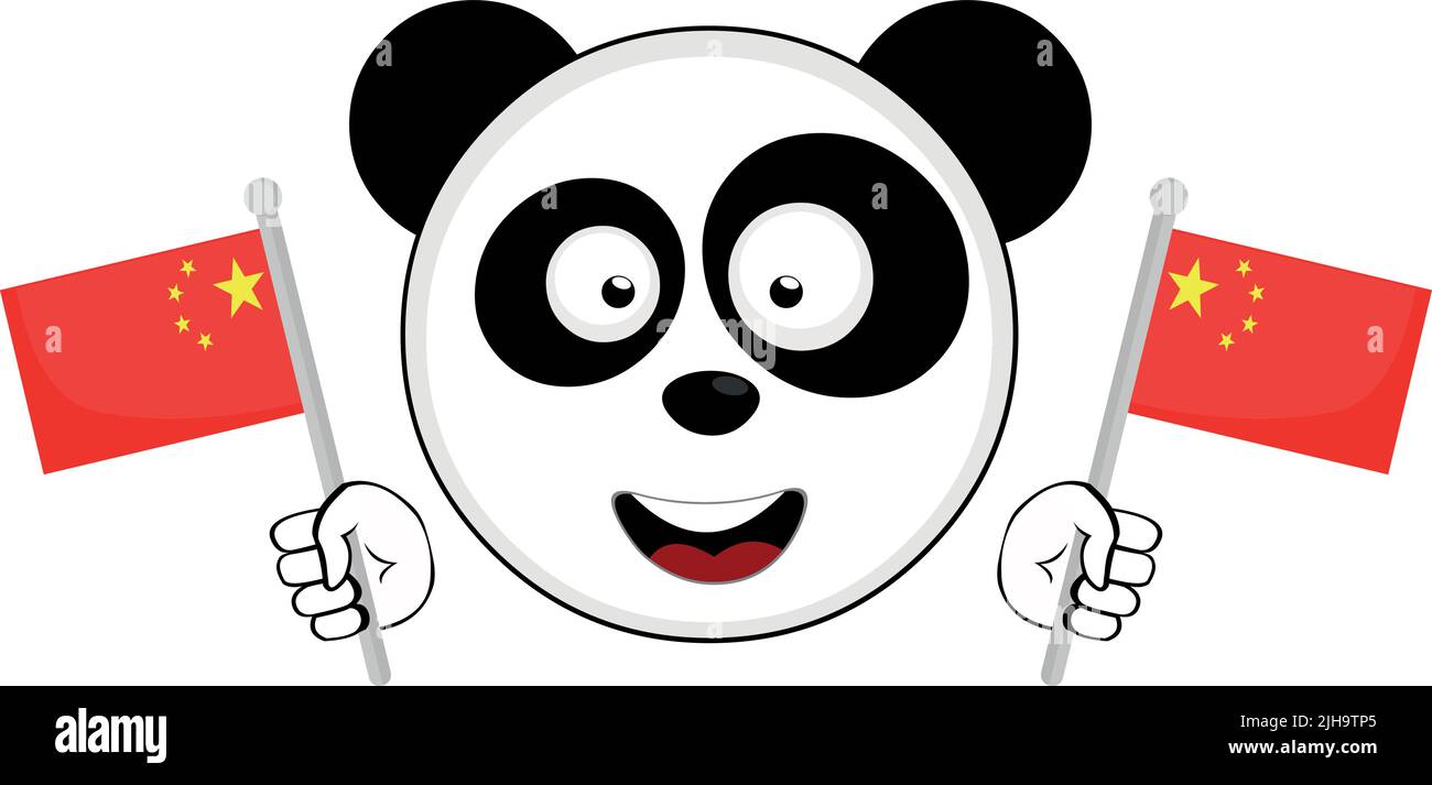 Vektor-Illustration des Gesichts eines Cartoon Pandabären mit einem fröhlichen Ausdruck und Flaggen von china in seinen Händen Stock Vektor