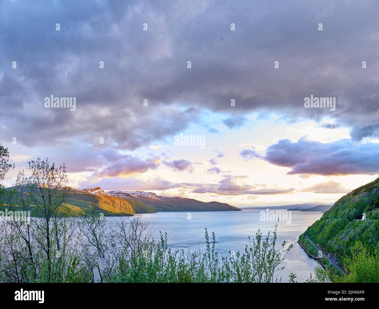Landschaftlich schöner Blick auf einen See, Ozean oder Meer mit bewölktem Himmel bei Sonnenuntergang und Kopierraum.nicht kultivierte Bäume, Sträucher, Sträucher um eine Bucht von Wasser in Norwegen Stockfoto