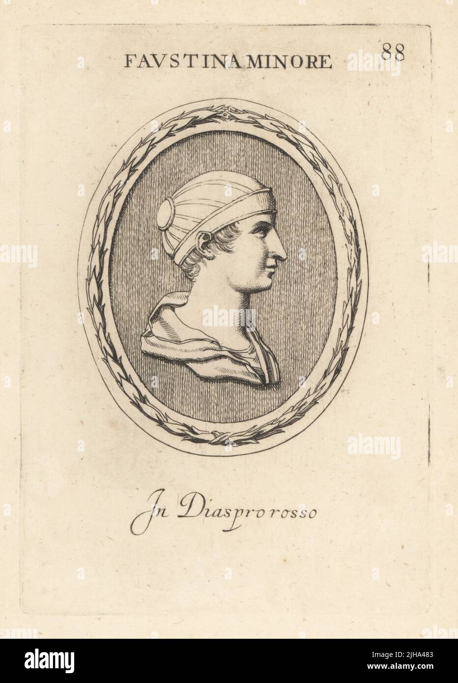 Büste von Annia Galerie Faustina d. J., c. 130 – 176 n. Chr., römische Kaiserin als Ehefrau von Kaiser Marcus Aurelius. In rotem Jaspis. Faustina Minore. In diaspro rosso. Kupferstich von Giovanni Battista Galestruzzi nach Leonardo Agostini aus Gemmae et Sculpturae Antiquae Depicti ab Leonardo Augustino Senesi, Abraham Blooteling, Amsterdam, 1685. Stockfoto