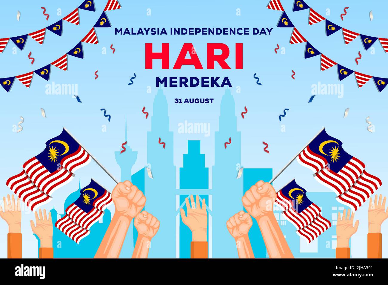 malaysia Unabhängigkeitstag 31 august Hintergrund Illustration mit Händen halten malaysischen Fahnen Stock Vektor