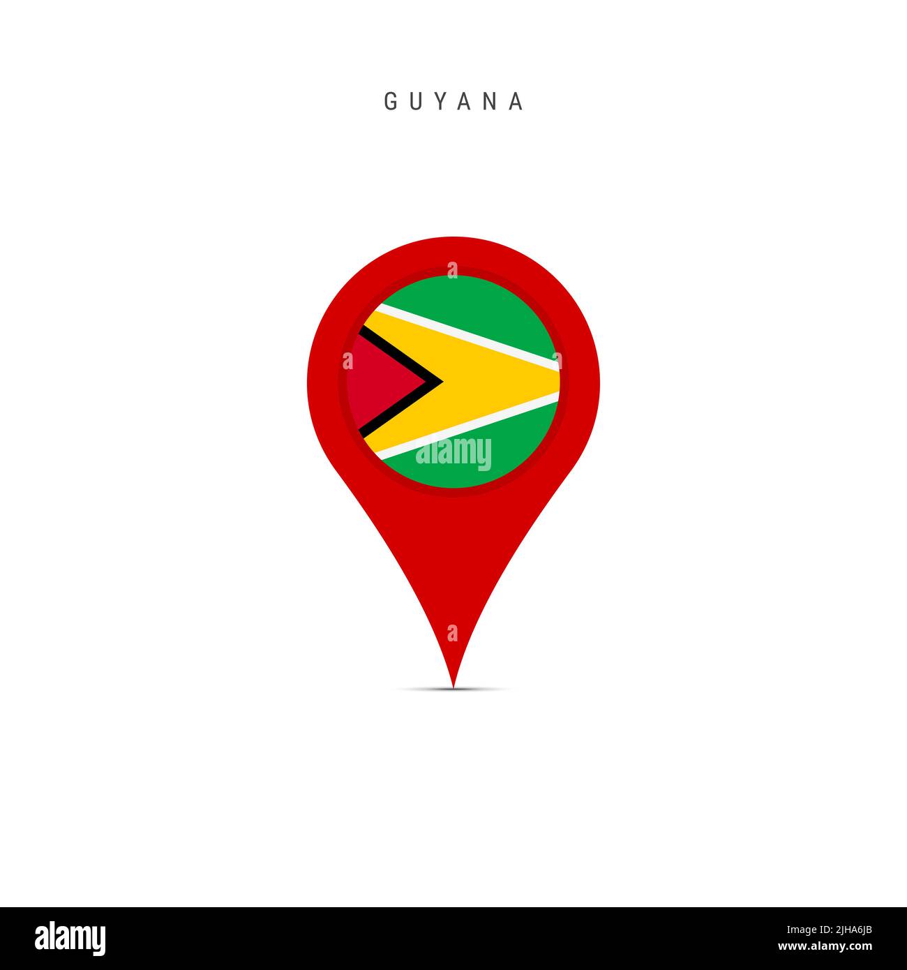 Teardrop-Kartenmarkierung mit Flagge von Guyana. Guyanische Flagge in den Pin der Standortkarte eingefügt. Flache Abbildung isoliert auf weißem Hintergrund. Stockfoto